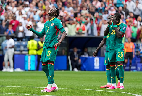 Senegal's Pape Matar Sarr (17) reacts to a loss during the World Cup round of 32 soccer match between Belgium and Senegal in Seattle, Wednesday, July 1, 2026. 