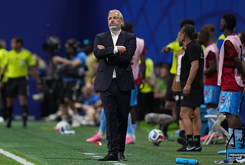 Congo head coach Sebastien Desabre reacts during the World Cup round of 32 soccer match between England and Congo in Atlanta, Wednesday, July 1, 2026.