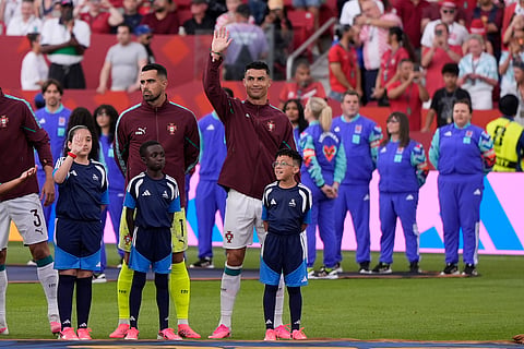 Portugal's Cristiano Ronaldo (7) waves to the crowd before the World Cup round of 32 soccer match between Portugal and Croatia in Toronto, Thursday, July 2, 2026.