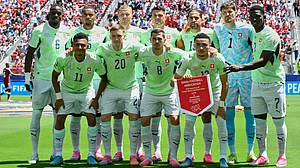AP Photo/Eakin Howard : Switzerland starting XI lines up for a photo before the kick-off of their FIFA World Cup 2026, Group B match against Qatar in Santa Clara, Calif., near San Francisco, Saturday, June 13, 2026.