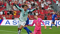 (AP Photo/Stephanie Scarbrough) : Portugal's Cristiano Ronaldo celebrates after scoring his side's first goal against Croatia during the World Cup round of 32 soccer match in Toronto, Thursday, July 2, 2026.