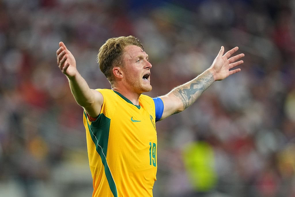 Australias Harry Souttar features during a World Cup round of 32 soccer match against Egypt in Arlington