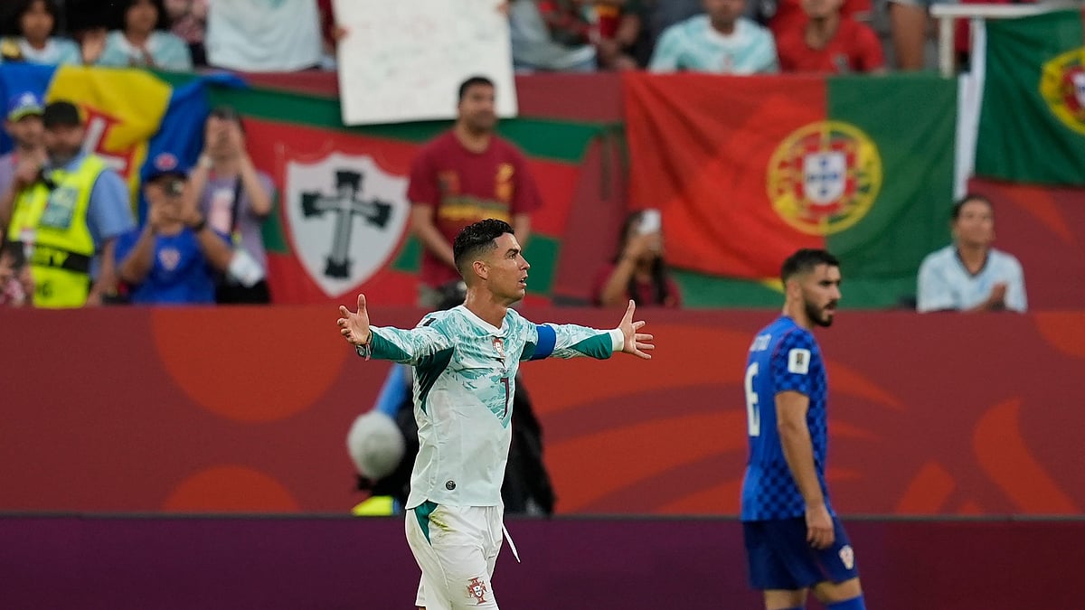 Portugal's Cristiano Ronaldo (7) reacts to a non goal during the World Cup round of 32 soccer match between Portugal and Croatia in Toronto, Thursday, July 2, 2026. - (AP Photo/Mike Stewart)
