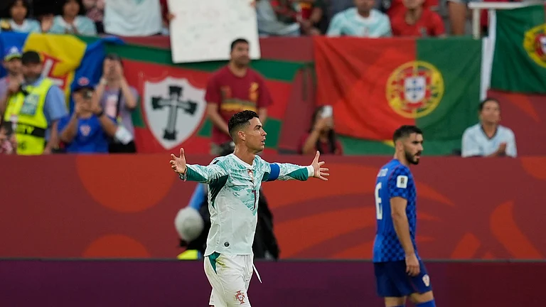 Portugal's Cristiano Ronaldo (7) reacts to a non goal during the World Cup round of 32 soccer match between Portugal and Croatia in Toronto, Thursday, July 2, 2026. - (AP Photo/Mike Stewart)