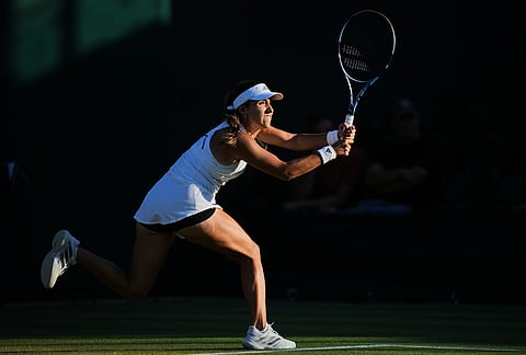 Camila Osorio of Colombia plays a return during the second round women's singles match against Linda Noskova of the Czech Republic at the Wimbledon Tennis Championships in London, Thursday, July 2, 2026.
