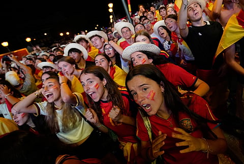 Spanish fans gather in central Madrid to celebrate their team's victory over Austria in the World Cup round of 32 soccer match in Inglewood, California, near Los Angeles, Thursday, July 2, 2026. 