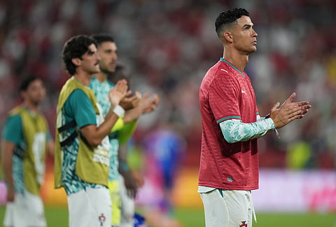 Portugal's Cristiano Ronaldo reacts after the World Cup round of 32 soccer match against Croatia in Toronto, Thursday, July 2, 2026.