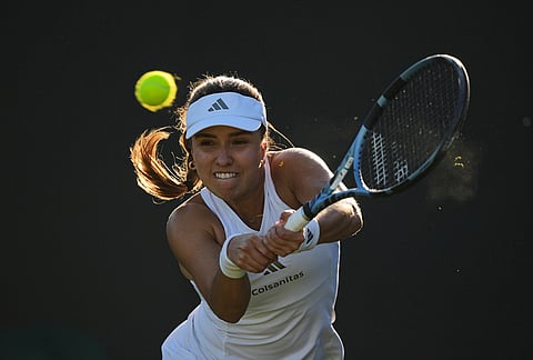 Camila Osorio of Colombia plays a return during the second round women's singles match against Linda Noskova of the Czech Republic at the Wimbledon Tennis Championships in London, Thursday, July 2, 2026.
