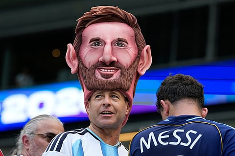 An Argentina fan looks on before the World Cup round of 32 soccer match between Argentina and Cape Verde in Miami Gardens
