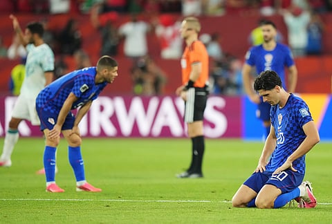 Croatia's Igor Matanovic (20) reacts after the World Cup round of 32 soccer match between Portugal and Croatia in Toronto, Thursday, July 2, 2026. 