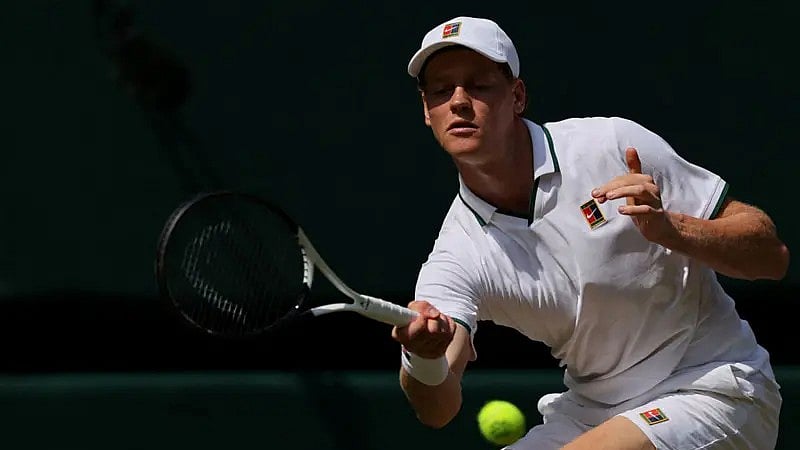Jannik Sinner in action today against Jenson Brooksby, Round 3, Mens Singles, Wimbledon 2026 - AP