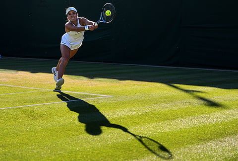 Camila Osorio of Colombia plays a return during the second round women's singles match against Linda Noskova of the Czech Republic at the Wimbledon Tennis Championships in London, Thursday, July 2, 2026.