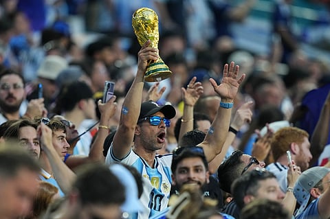 Fans of Argentina wait for the beginning of the World Cup round of 32 soccer match against Cape Verde in Miami Gardens