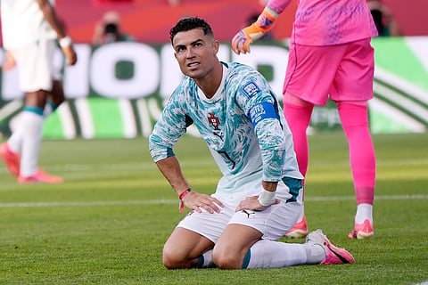 Portugal's Cristiano Ronaldo (7) reacts to a missed shot during the World Cup round of 32 soccer match between Portugal and Croatia in Toronto, Thursday, July 2, 2026.