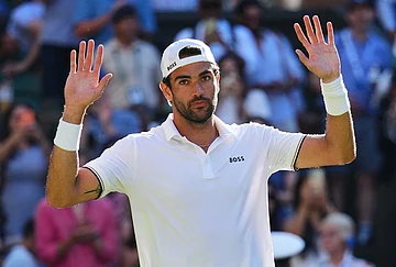 | Photo: AP/Kirsty Wigglesworth : Matteo Berrettini of Italy celebrates winning the second round men's singles match against Arthur Fils of France at the Wimbledon Tennis Championships in London, Thursday, July 2, 2026.