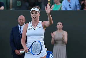 | Photo: AP/Kin Cheung : Linda Noskova of the Czech Republic celebrates winning the second round women's singles match against Camila Osorio of Colombia at the Wimbledon Tennis Championships in London, Thursday, July 2, 2026.