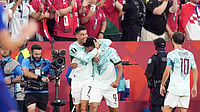 (Nathan Denette/The Canadian Press via AP) : Portugal's Goncalo Ramos (9) is congratulated by Cristiano Ronaldo (7) after scoring a goal during the World Cup round of 32 soccer match between Portugal and Croatia in Toronto, Thursday, July 2, 2026.