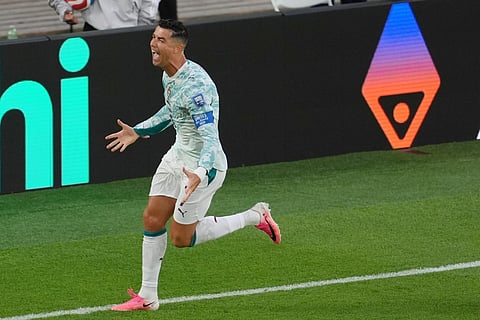 Portugal's Cristiano Ronaldo (7) celebrates after scoring their first during the World Cup round of 32 soccer match between Portugal and Croatia in Toronto, Thursday, July 2, 2026. 