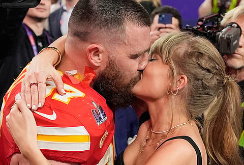 Kelce and Swift kissed after the Kansas City Chiefs defeated the San Francisco 49ers in the NFL Super Bowl 58 football game on Feb. 11, 2024, in Las Vegas.