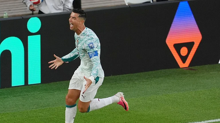 Portugal's Cristiano Ronaldo (7) celebrates after scoring their first during the World Cup round of 32 soccer match between Portugal and Croatia in Toronto, Thursday, July 2, 2026. - (AP Photo/Sam Balkansky)