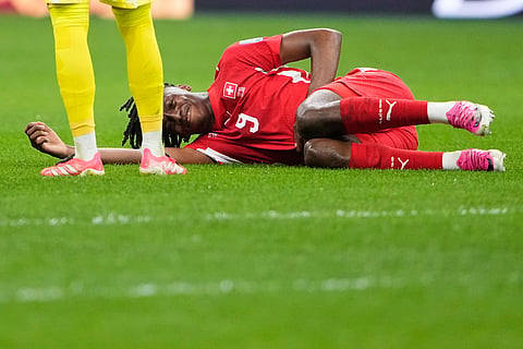 Switzerland's Johan Manzambi (9) reacts during the World Cup round of 32 soccer match between Switzerland and Algeria in Vancouver, British Columbia, Thursday, July 2, 2026