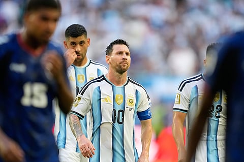Argentina's Lionel Messi leaves the field at half time during the World Cup round of 32 soccer match against Cape Verde in Miami Gardens