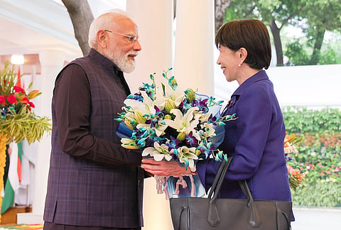 Prime Minister Narendra Modi with the Japanese Prime Minister Sanae Takaichi during an informal dinner hosted for the Japanese PM, in New Delhi. 
