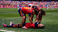Spain Vs Austria, FIFA World Cup 2026: Who Won In The Round Of 32 Match At LA Stadium? (AP Photo/Mark J. Terrill) : Spain's Mikel Oyarzabal (21) celebrates scoring his side's third goal against Austria with teammates Gavi (9) and Marc Cucurella during the World Cup round of 32 soccer match in Inglewood, Calif., near Los Angeles, Thursday, July 2, 2026.