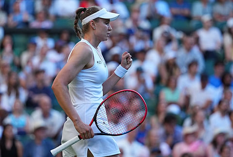 Elena Rybakina of Kazakhstan celebrates winning the second round women's singles match against Caty Mcnally of the United States at the Wimbledon Tennis Championships in London, Thursday, July 2, 2026.