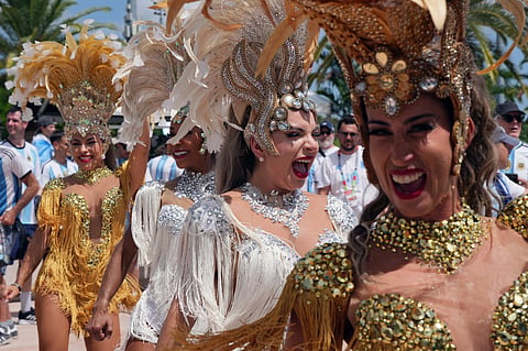 Fans arrive before the World Cup round of 32 soccer match between Argentina and Cape Verde in Miami Gardens