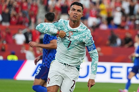 Portugal's Cristiano Ronaldo celebrates after scoring his side's first goal against Croatia during the World Cup round of 32 soccer match in Toronto, Thursday, July 2, 2026.