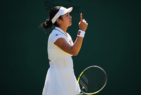 Alexandra Eala of the Philippines gestures during the second round women's singles match against Maya Joint of Australia at the Wimbledon Tennis Championships in London, Thursday, July 2, 2026.