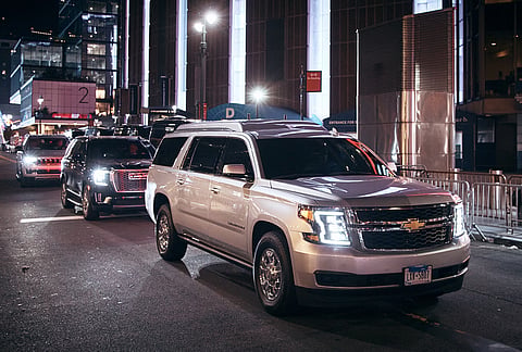 A vehicle believed to be carrying Taylor Swift departs Madison Square Garden as preparations continue for her wedding with NFL player Travis Kelce in New York. 