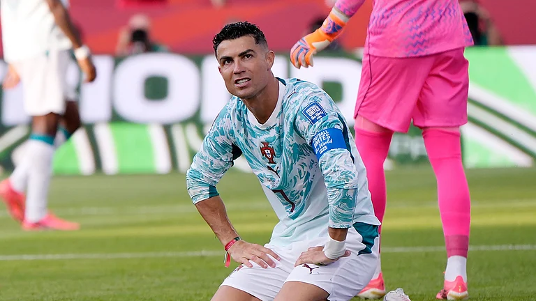 Portugal's Cristiano Ronaldo (7) reacts to a missed shot during the World Cup round of 32 soccer match between Portugal and Croatia in Toronto, Thursday, July 2, 2026. - (AP Photo/Mike Stewart)