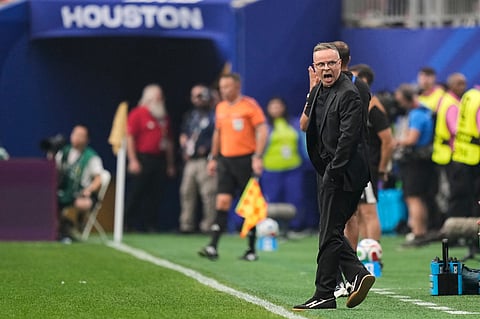 Morocco head coach Mohamed Ouahbi during the World Cup round of 16 soccer match between Canada and Morocco in Houston