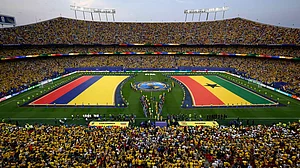 AP Photo/Reed Hoffmann : General view during the pregame ceremony before the World Cup round of 32 soccer match between Colombia and Ghana in Kansas City, Mo., Friday, July 3, 2026.