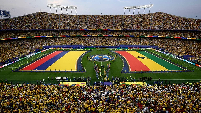 General view during the pregame ceremony before the World Cup round of 32 soccer match between Colombia and Ghana in Kansas City, Mo., Friday, July 3, 2026. - AP Photo/Reed Hoffmann
