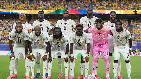 Players of Ghana pose for a picture prior to the World Cup round of 32 soccer match between Colombia and Ghana in Kansas City, Mo., Friday, July 3, 2026. 
