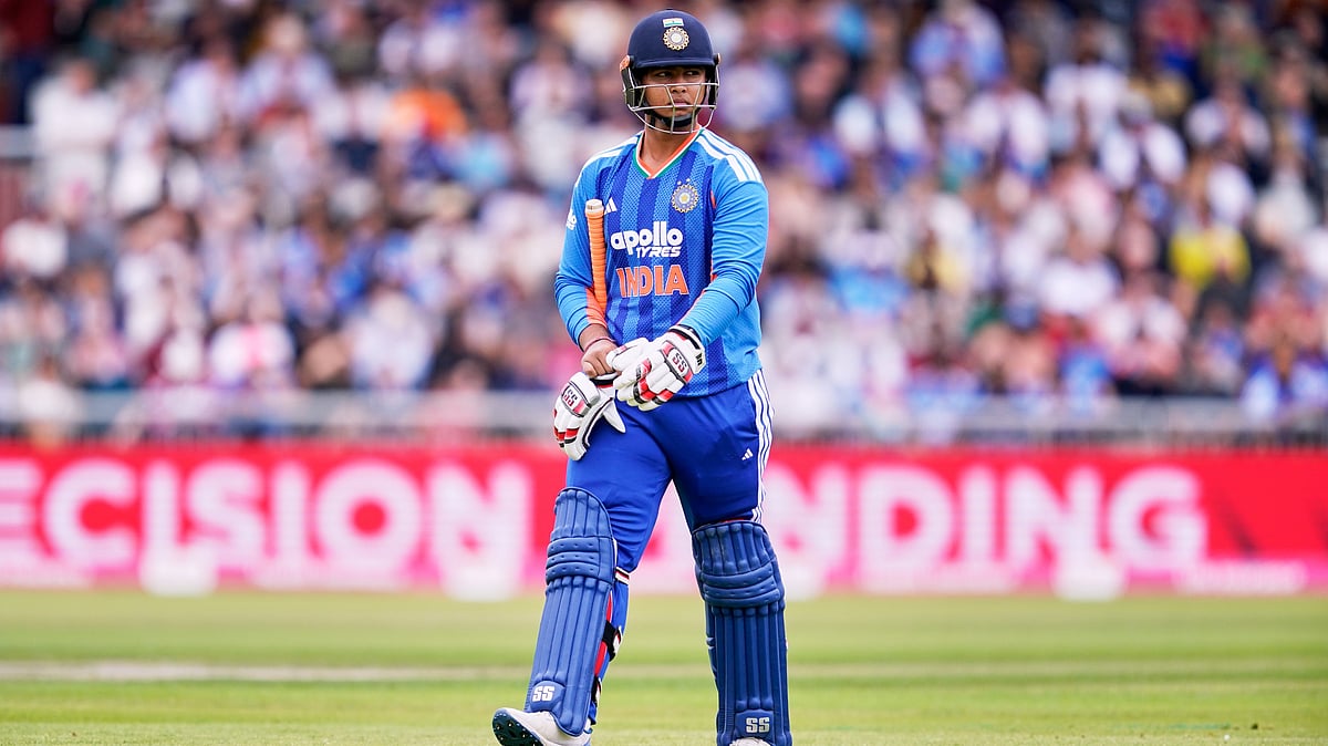 India's Vaibhav Sooryavanshi leaves the ground after losing his wicket during the T20 cricket match between England and India in Manchester, England, Saturday, July 4, 2026 - (AP Photo/Dave Thompson)
