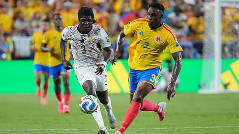 Columbia players celebrate a Jhon Arias goal against Ghana during the World Cup round of 32 soccer match in Kansas City, Mo., Friday, July 3, 2026
