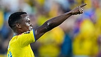 AP Photo/Charlie Riedel : Colombia's Jhon Arias (11) reacts after scoring his team's first goal during the World Cup round of 32 soccer match between Colombia and Ghana in Kansas City, Mo., Friday, July 3, 2026. 