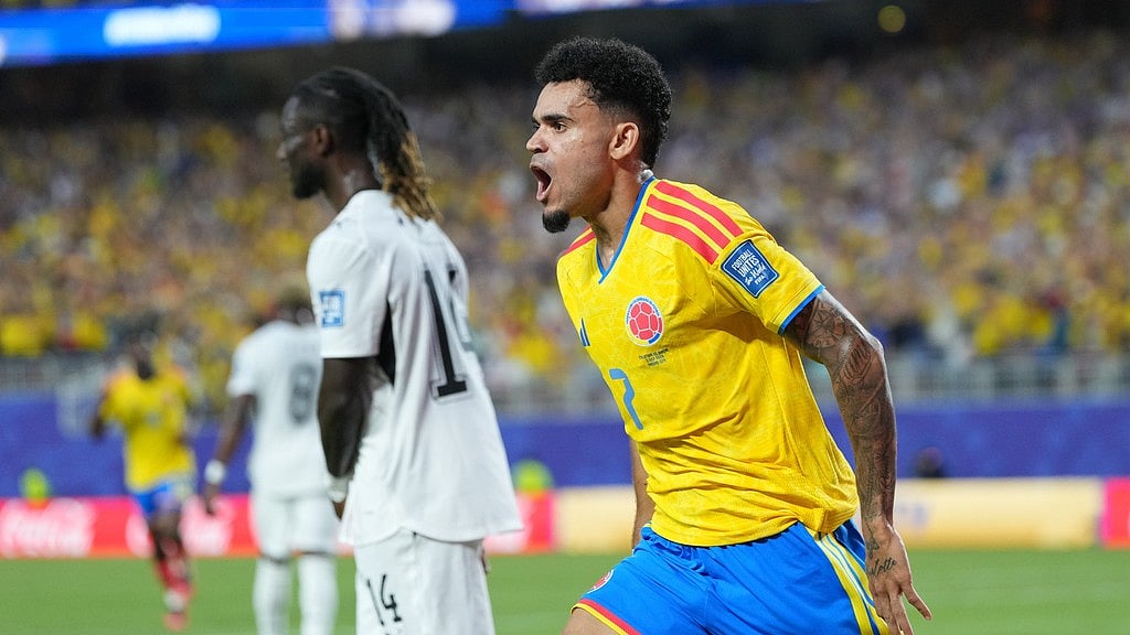 Colombia's Luis Diaz celebrates after his teammate Jhon Arias scored the opening goal during the World Cup round of 32 soccer match between Colombia and Ghana in Kansas City, Mo., Friday, July 3, 2026.  - AP Photo/Jeff Roberson