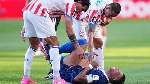 (AP Photo/Martin Meissner) : Frances Kylian Mbappe (10) reacts during the World Cup round of 16 soccer match between Paraguay and France in Philadelphia, Saturday, July 4, 2026.