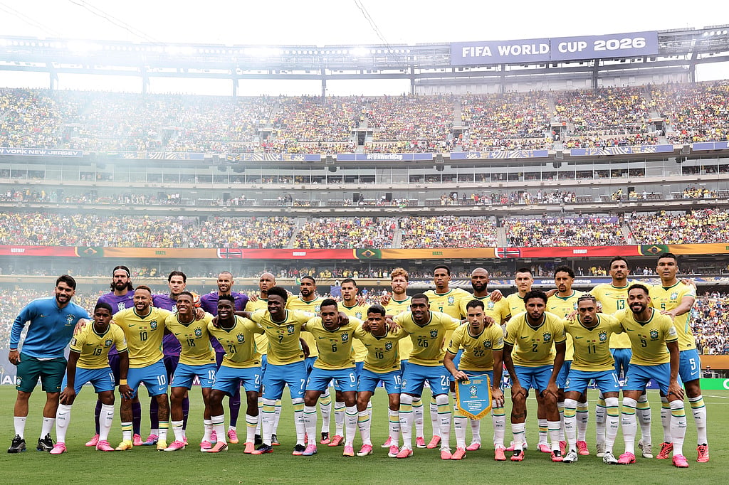 Brazil players line up ahead the World Cup round of 16 soccer match between Brazil and Norway in East Rutherford, N.J., near New York