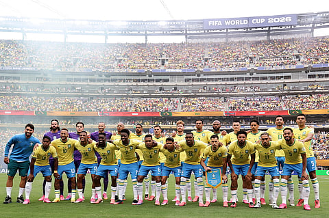 Brazil players line up ahead the World Cup round of 16 soccer match between Brazil and Norway in East Rutherford, N.J., near New York