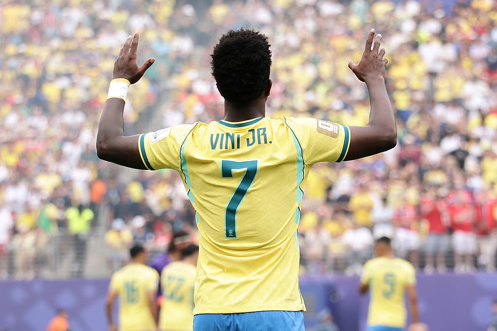 Brazils Vinicius Junior (7) gestures ahead the World Cup round of 16 soccer match between Brazil and Norway in East Rutherford, N.J., near New York