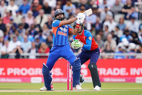 India's captain Shreyas Iyer hits a six during the second T20 cricket match between England and India in Manchester, England.