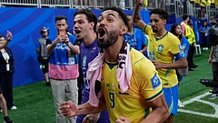Brazil's Matheus Cunha (9) celebrates after the World Cup round of 32 soccer match between Brazil and Japan in Houston, Monday, June 29, 2026. - (AP Photo/David J. Phillip)