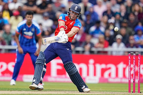 England's Jacob Bethell plays a shot during the second T20 cricket match between England and India in Manchester, England.
