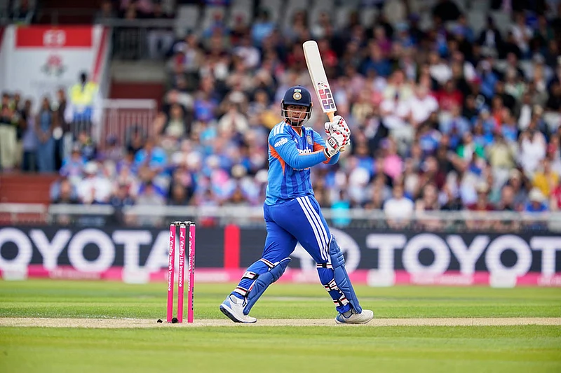 Photo: AP/Dave Thompson : Indias Vaibhav Sooryavanshi bats during the T20 cricket match between England and India in Manchester, England.